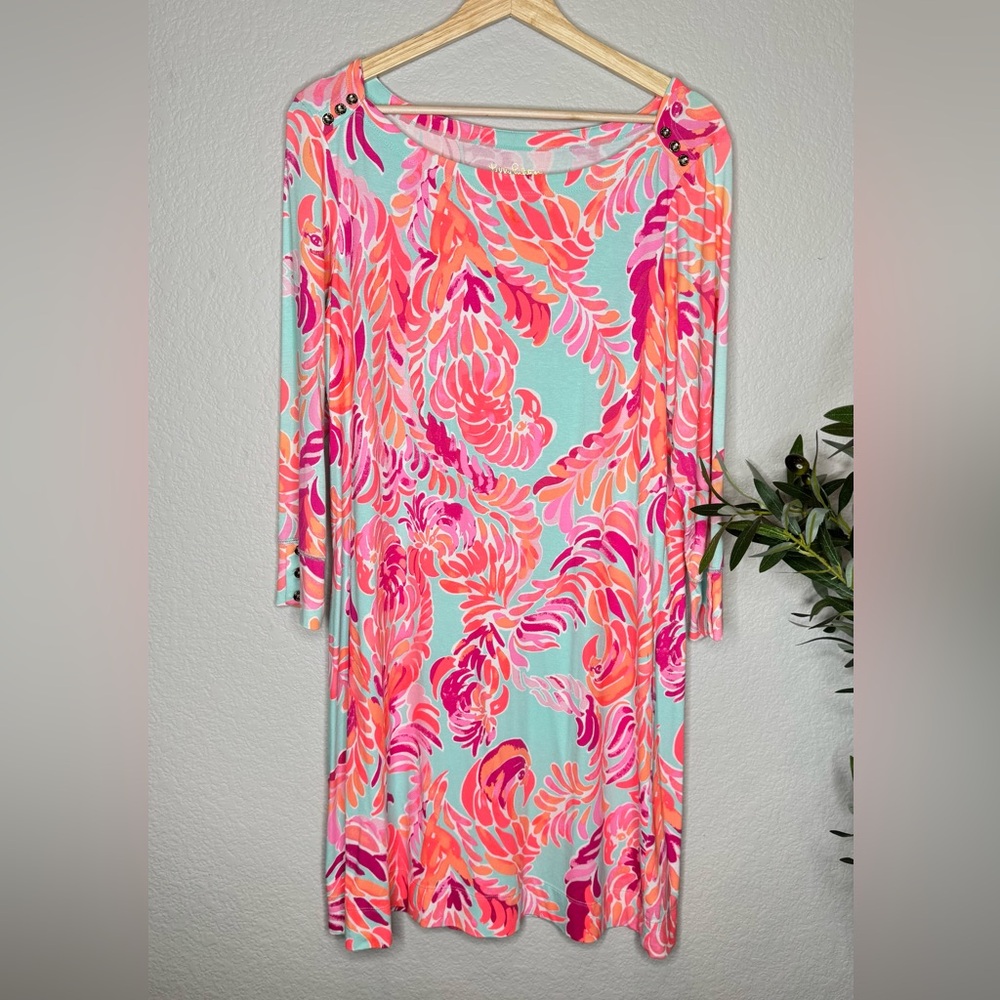 Lilly Pulitzer XL Aqua Pink Print Tunic Dress Long Sleeve Resort‎ Vacation Dress